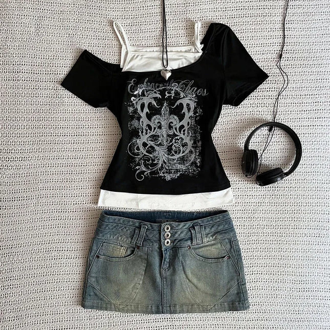 Women's 90s Vintage Punk T-Shirt Summer Streetwear Sexy Short Sleeve Gothic Slim Crop Top Hotgirl Casual Femme Tee Harajuku Y2k