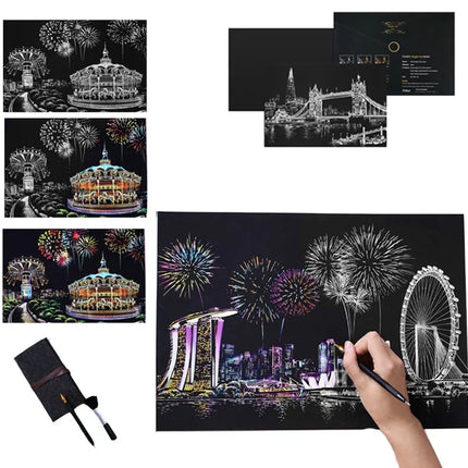 Handmade DIY Scratch Art Painting Toy Colorful City Night View Painting Learning Card Scratching Toy Kids Creative Birthday Gift