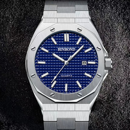 BINBOND Men's Watch Top Brand Royal Casual Men Big Dial Silver Stainless Steel Calendar Quartz Wristwatch Classic Luminous B0233