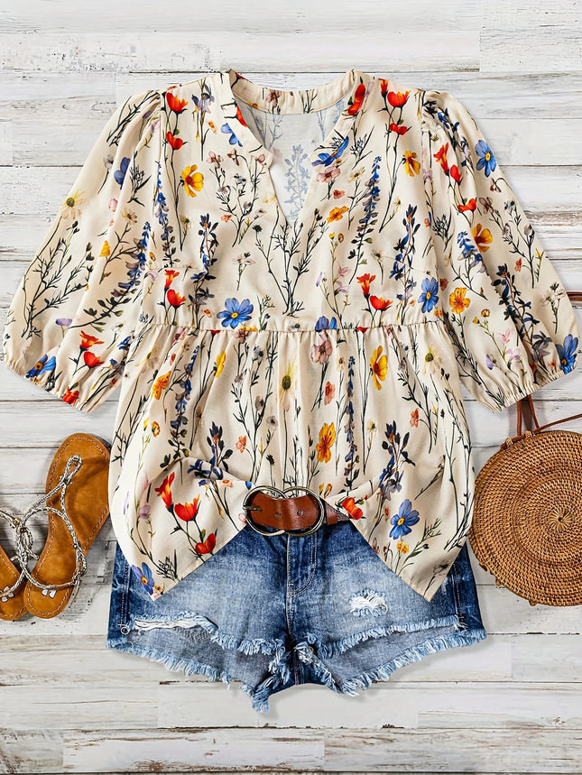 Women's Floral Print Bubble Sleeve Casual Vacation 7/8 Length Shirt Elegant Feminine Summertime Top
