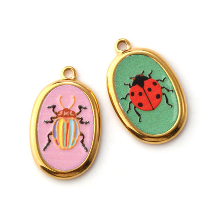 2 Pcs 304 Stainless Steel Insect Charms 18K Gold Plated Oval Printed Ladybug Beetle Pendants For DIY Necklace 28mm X 17.5mm