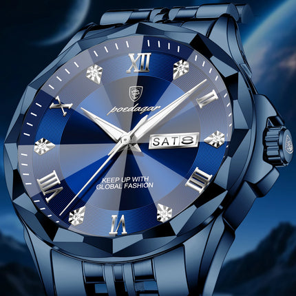 POEDAGAR Fashion Luxury Men Watch Top Original Waterproof Luminous Date Week Man Wristwatch Stainless Steel Quartz Men's Watches