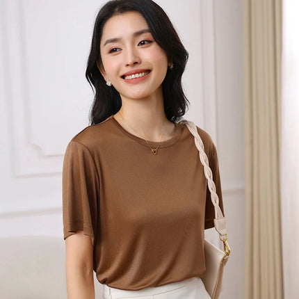 Summer Women's Short Sleeve O-Neck T-Shirt Knitted Acetate Fabric High-End Thin Pullover Top for Ladies