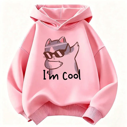 I Am Cool Cat Printed Pullover Hooded Kids Children's Sweatshirt Cute Hoody for Boys Girls Autumn Spring Casual Hoodies