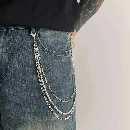 KunJoe Punk Rock Multilayer Metal Pants Chain Wallet Belt Chain Men Women Versatile Beaded Keychain Trousers Jeans Accessories
