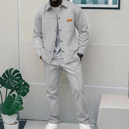 2025 Men's New Style Waffle Plain Color Collar Button-Down Pockets Long-Sleeved Pants Casual Jacket Set