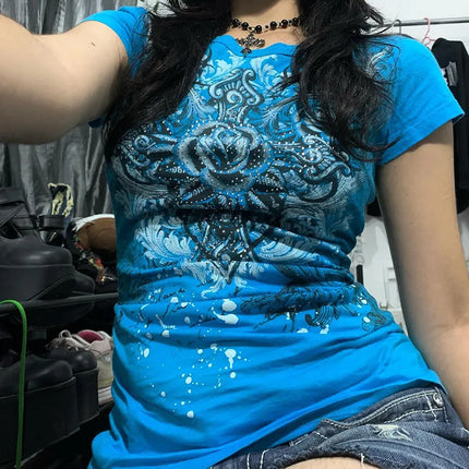 Women's Y2k Grunge T-Shirts 2000s Vintage Rhinestone Print Heart Rose T-Shirt Aesthetics Harajuku Round Neck Tops street fashion