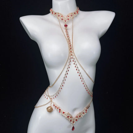 Ruby Red Sexy Body Chain Chest Chain Collar Waist Chain Nipple Clamps Nipple Stimulation Women's Wear Adult Toy SM Training Tool