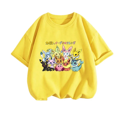 2026 Summer Pokemon Eeveelutions & Kirby Group Print T-Shirt, 100% Cotton Loose Casual Oversized Tee for Adults & Kids Y2k