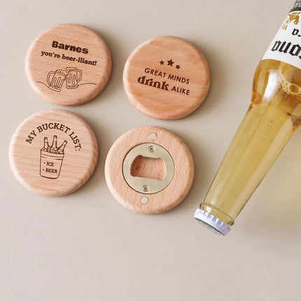 Personalised Logo Round Wooden Beer Bottle Opener with Magnetic Fridge Magnet, Wedding Gift