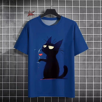 Japanese Ukiyo-E Cute Cat Pattern Round Neck Men's Short Sleeved Daily Oversized T-Shirt Harajuku Y2k T-Shirt T-Shirt Men Top