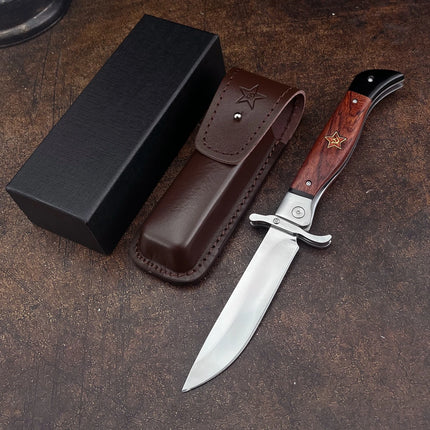 Russian NKVD EDC Hunting Pocket Folding Knife 440c Blade Wood Handle Camping Hunting Outdoor Knife with Leather Sheath