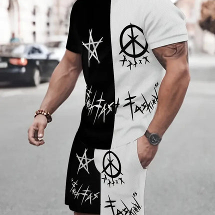 2025 Summer Men's Clothing Letter Print Short Sleeve Top Men's Elastic Waist Shorts 2-piece Set Plus Size T Shirts Shorts Set