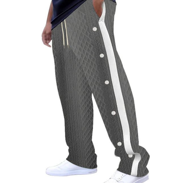Men's Textured Knit Pants, Side Button Straight Leg Casual Trousers