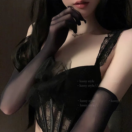 Sexy Lace Thin Transparent Hollow Breathable Long Gloves Seamless High Elasticity Solid Women Man White Black Stocking Gloves