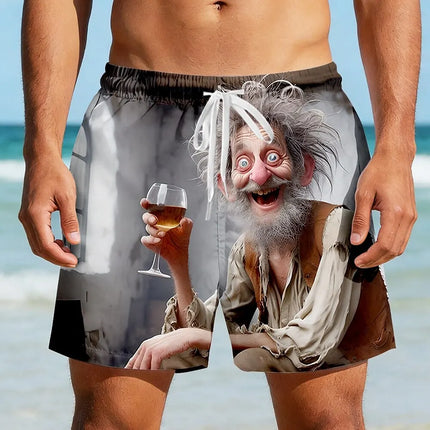Men's Funny Old Man Cartoon Beach Shorts, Mid Waist Board Shorts, Elastic Drawstring, Vacation Wear