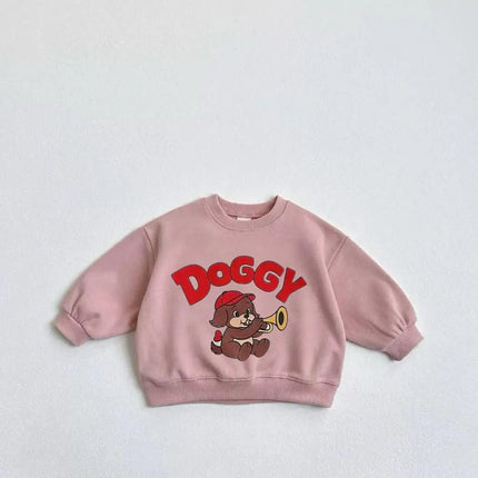 Lovely Tops Baby Boys Solid Color Long Sleeve Cartoon Little Dog Print Hoodie Beige Pink Clothing Child New 2025 Autumn Popular