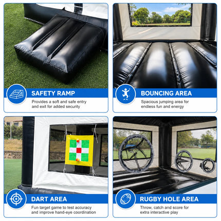 13x10x11ft Big Size Commercial PVC Inflatable Bouncy Castle Outdoor Bounce House with Basketball Hoop Black And White for Kids Parties And Backyard Fun