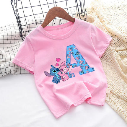 Stitch Disney T Shirt for Girls Children Clothes Tops Children's Clothing Letter A-Z Cotton Short Sleeve Summer Child Cute Gifts