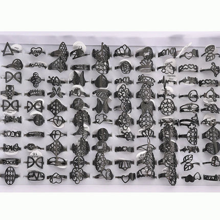 100 Pieces Stainless Steel Engraved Rings for Men and Women Fashion Charm Jewelry Gift Hollow Flower Finger Rings Wholesale Lots