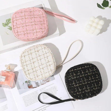 Women Makeup Pouch TikTok Viral Organizer Bag, Tweed Fabric Cosmetic Case with Long Handle for Travel Toiletries Sanitary Pads