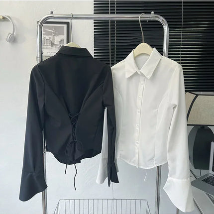 White Shirt Women Tops Korean Long Sleeve Blouses Lace Up Button Up Shirt Office Lady Black Fashion Slim Turn-Down Collar Blouse