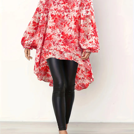 Plus size women's spring & summer solid color polyester non-elastic long back hem elegant lantern sleeve chiffon long sleeve top