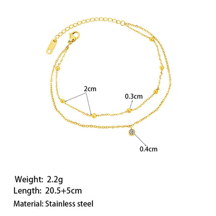 Kuziduocai 100% Stainless Steel New Fashion Jewelry 18K Gold-plated Minimalism 2-Layer Beading Zircon Charm Women Anklet Chain