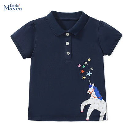 Little maven 2026 Children's Clothing T shirts Summer Embroidery Cartoon Unicorn Polo Shirts Baby Girls Kids Clothes Cotton