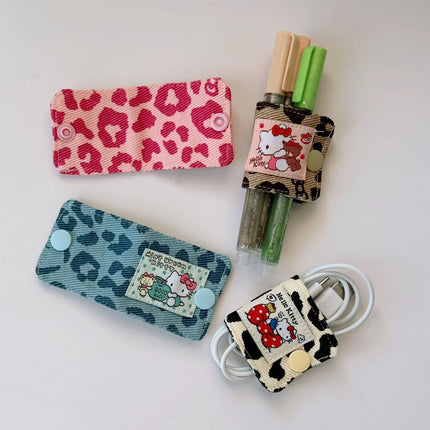 Sanrio Hello Kitty Leopard Print Denim Fabric Data Cable Storage Clip Charging Cable Storage Bag Brush Storage Gifts for Girl
