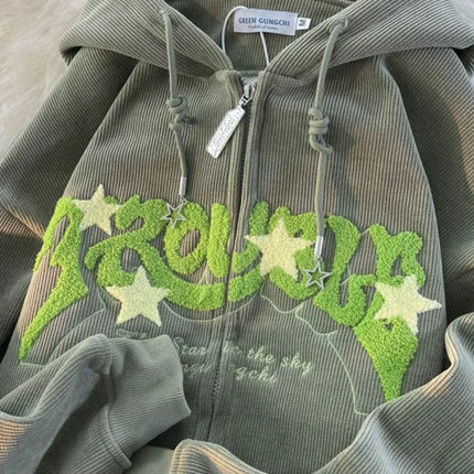 Vintage Streetwear Zip Up Tops Oversized Star Graphics Print Hoodies 2024 Women American Retro Graphic Hooded Sweatshirts
