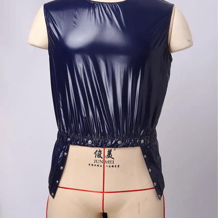 Mens Sleeveless Glossy PVC Leather One-piece Romper Jumpsuit Waterproof Bodysuit Buttons Openable Crotch for Clubwear Swimming