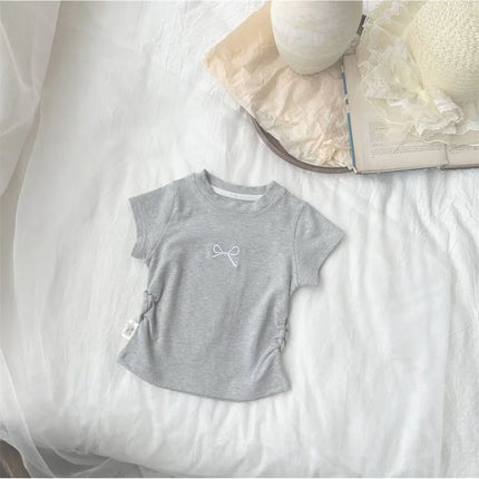 Korean Summer Bowknot Casual Short Sleeve T-shirts for Kids 0-12 Years Cotton Toddler Girl Tops Baby Girls Tees Students Clothes