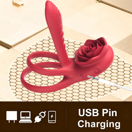 Remote Control Vibrating Cock Ring Penis Sleeve with Rose Clitoral Stimulator Penis Ring Vibrator Adult Sex Toys for Men Women