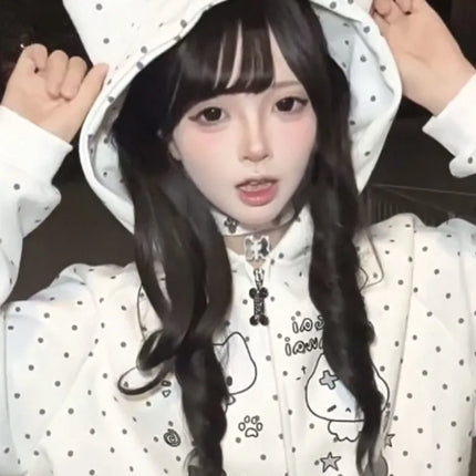 Autumn Winter Sweet Cute Cat Ear Hooded Hoodie Women Casual Kawaiii Polka Dot Print Design Coat Elegant Fashion Loose Jacket New