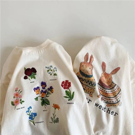 2025 Summer Kids Clothes Children Short Sleeve Korean Style Rabbit Flower Print T-Shirt Baby Girls Half Sleeve Round Neck Tops