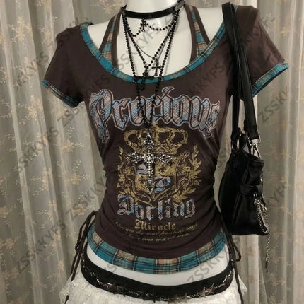 Himekaji T shirts Y2k Women Letter Gothic Streetwear Harajuku Punk 90s Clothes Japanese Girl Short-sleeved Tees Kawaii Crop Tops