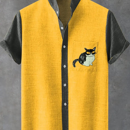 Men's summer fashion linen short sleeved shirt with cartoon cute cat print pattern casual men's top