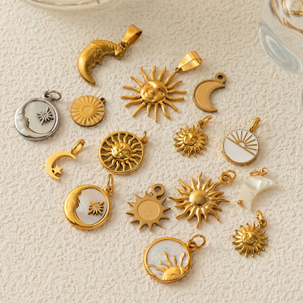 1Pc Stainless Steel Star Sun Moon Series DIY Pendant, Plated with 18K Gold for Color Preserving, Women's Jewelry Gift