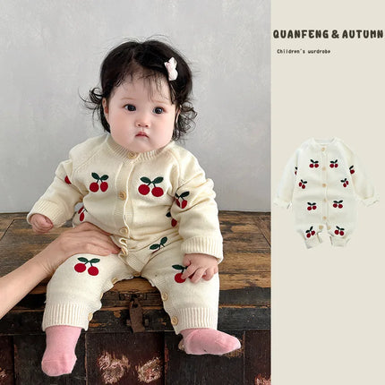 2025 Autumn Baby Girls Cute Sweet Cherry Knitting Overalls Infant Jumpsuit Romper