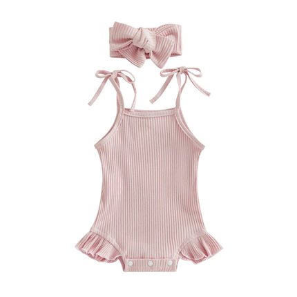 FOCUSNORM 0-18M Infant Baby Girls Sweet Romper Solid Color Knitted Ribbed Tie-Up Spaghetti Straps Sleeveless Ruffles Jumpsuits