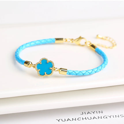 Classic Genuine Leather Woven Natural Stone Five Leaf Flower Charm Bracelet Fashion for Women Girls Party Wedding Jewelry Gift