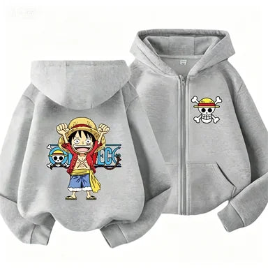 Boys Clothes Girls One Piece Cartoon Zipper Hoodie Kids Luffy Printed Casual Anime Hooded Sweatshirt Spring Outerwear