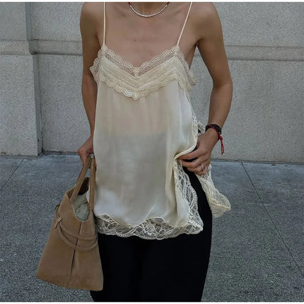 Women Lace Patchwork Sling Top Sexy V-neck Sleeveless Side Split Solid Color Vest 2025 New Summer Lady Party Vacation Tops