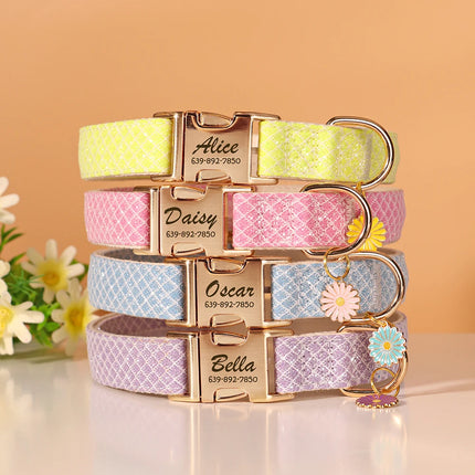 Custom Bling Nylon Dog Collar Free Engraved Puppy Dog ID Name Collars With Cute Flower Tag Accessory For Small Medium Dogs Cats