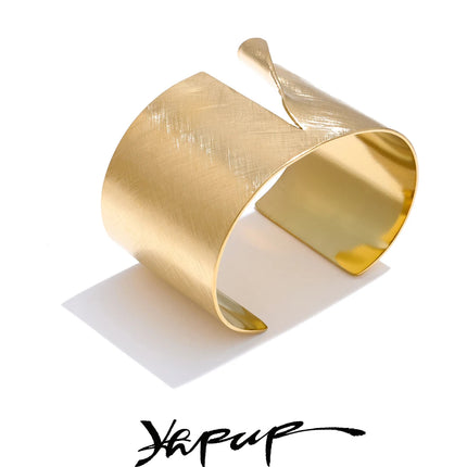 Yhpup 60mm Wire Drawing Polished Metal Cuff Wide Bracelet Bangle Minimalist Statement Stainless Steel Statement Wrist Jewelry
