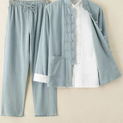 Men's Spring Summer Chinese Style Cotton Linen Long Sleeve Two-Piece Set Traditional Clothing Loose Fit Square Collar Shirt