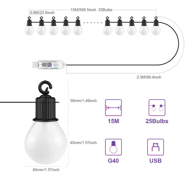 Outdoor Waterproof LED String Lights USB 15M 25 Bulbs Fairy Lights Bluetooth LED Garland Lamp Room Garden Camping Christmas Decor