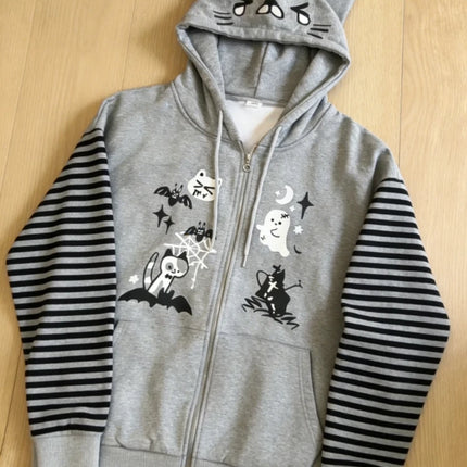 Japanese Harajuku Kawaii Long Sleeve Hoodie Women Cat Ears Sweet Sweatshirt Lace Striped Zipper Casual Cartoon 2025 Autumn