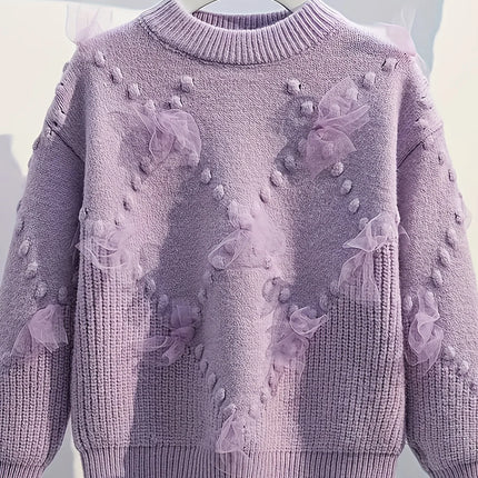 Girls' Thick Sweater, New Stylish Design, Fashionable Mesh Patchwork Pullover Knit Top, Trendy Base Layer